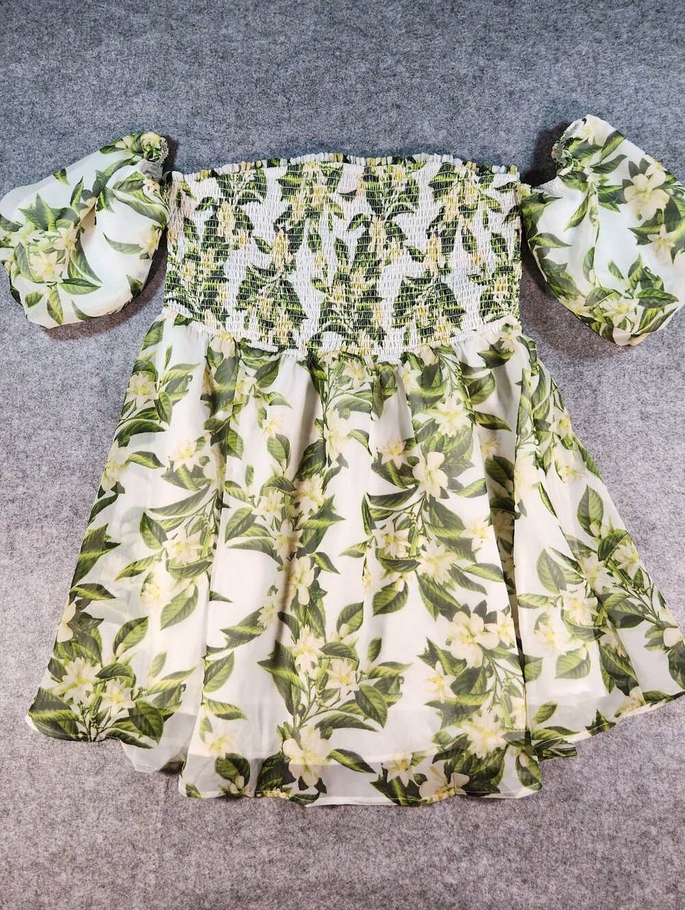 Betsey Johnson White Off-Shoulder Floral Mini Dress with Green Leaf Print Size L